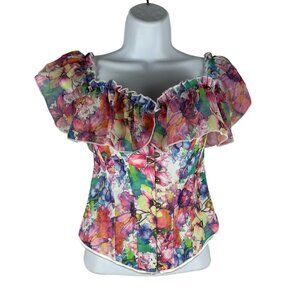 Womens Floral Ruffled Off-Shoulder Corset Top With Lace-Up Back Size S